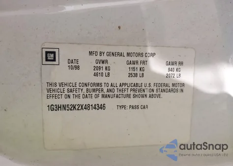 1999 Oldsmobile Eighty-Eight from USA, damaged, VIN 1G3HN52K2X4814346